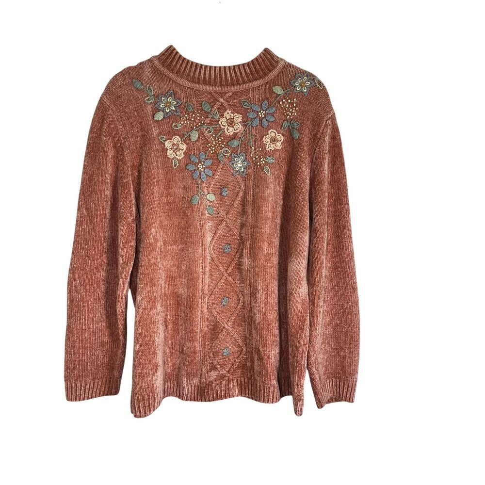 Colorful Floral Embroidered Knit Sweater Pink L Cottage Boho Indie Coquette